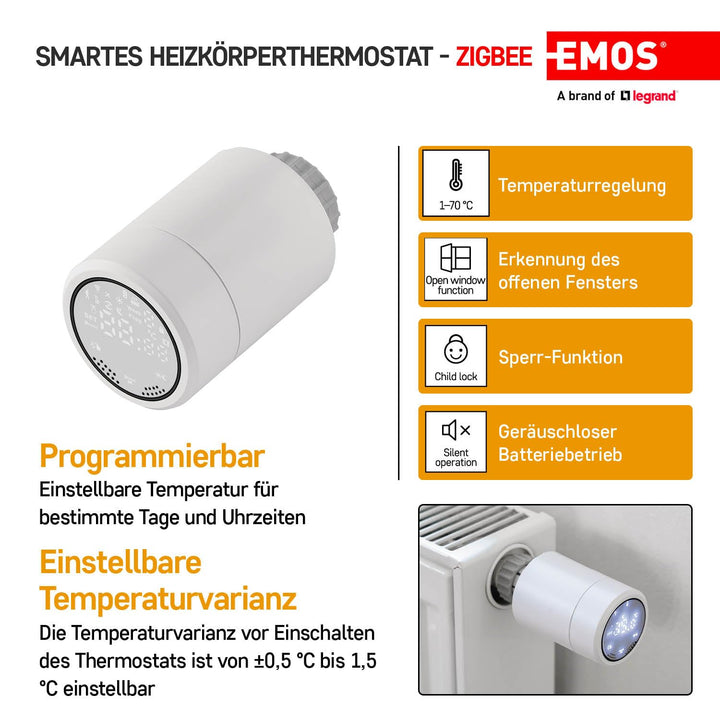 EMOS GoSmart Heizkörperthermostat mit App, programmierbarer ZigBee Smart Home Thermostat, einstellba