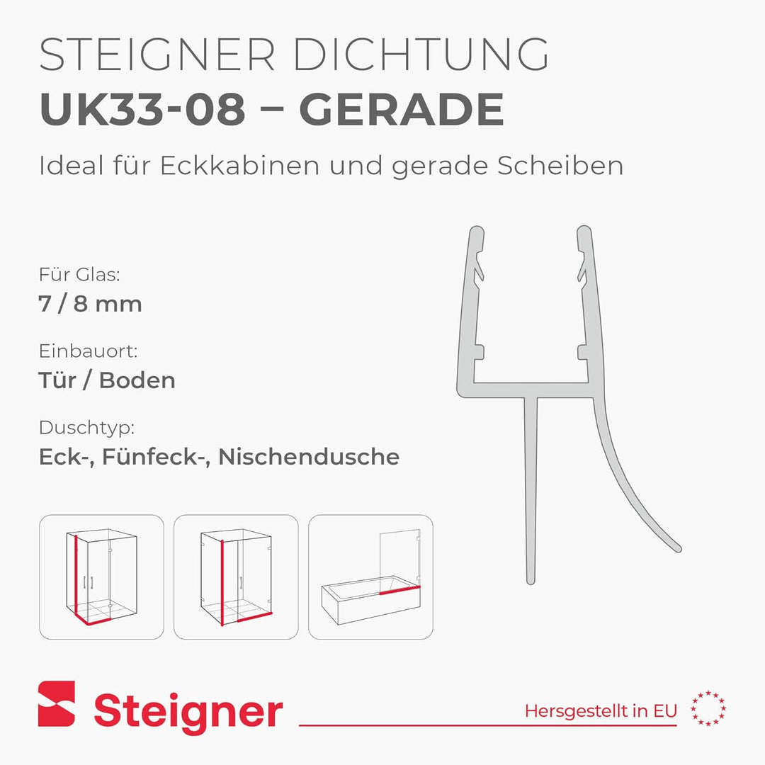 STEIGNER Duschdichtung UK33 120 cm (1 Stk.) Transparent - Dichtung gerade für Eckeinstieg Dusche ode