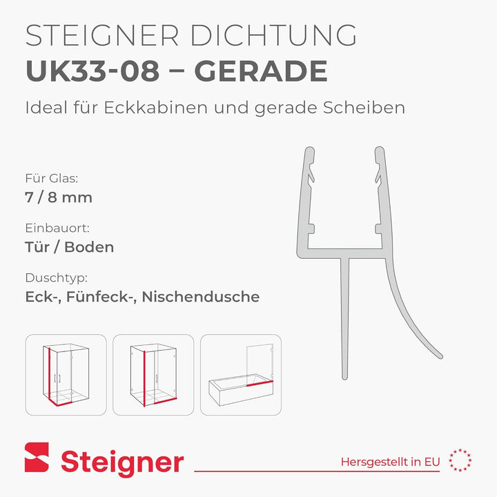 STEIGNER Duschdichtung UK33 120 cm (1 Stk.) Transparent - Dichtung gerade für Eckeinstieg Dusche ode