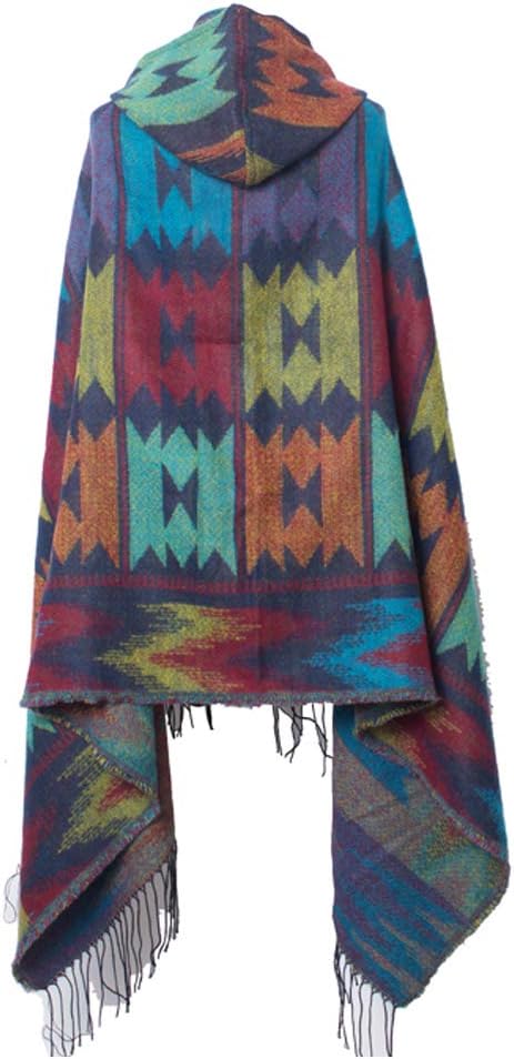 MeiPing Damenmode Croissant Button Bohemian Fringe Blended Kaschmir Kapuzen Cape Blau, Blau