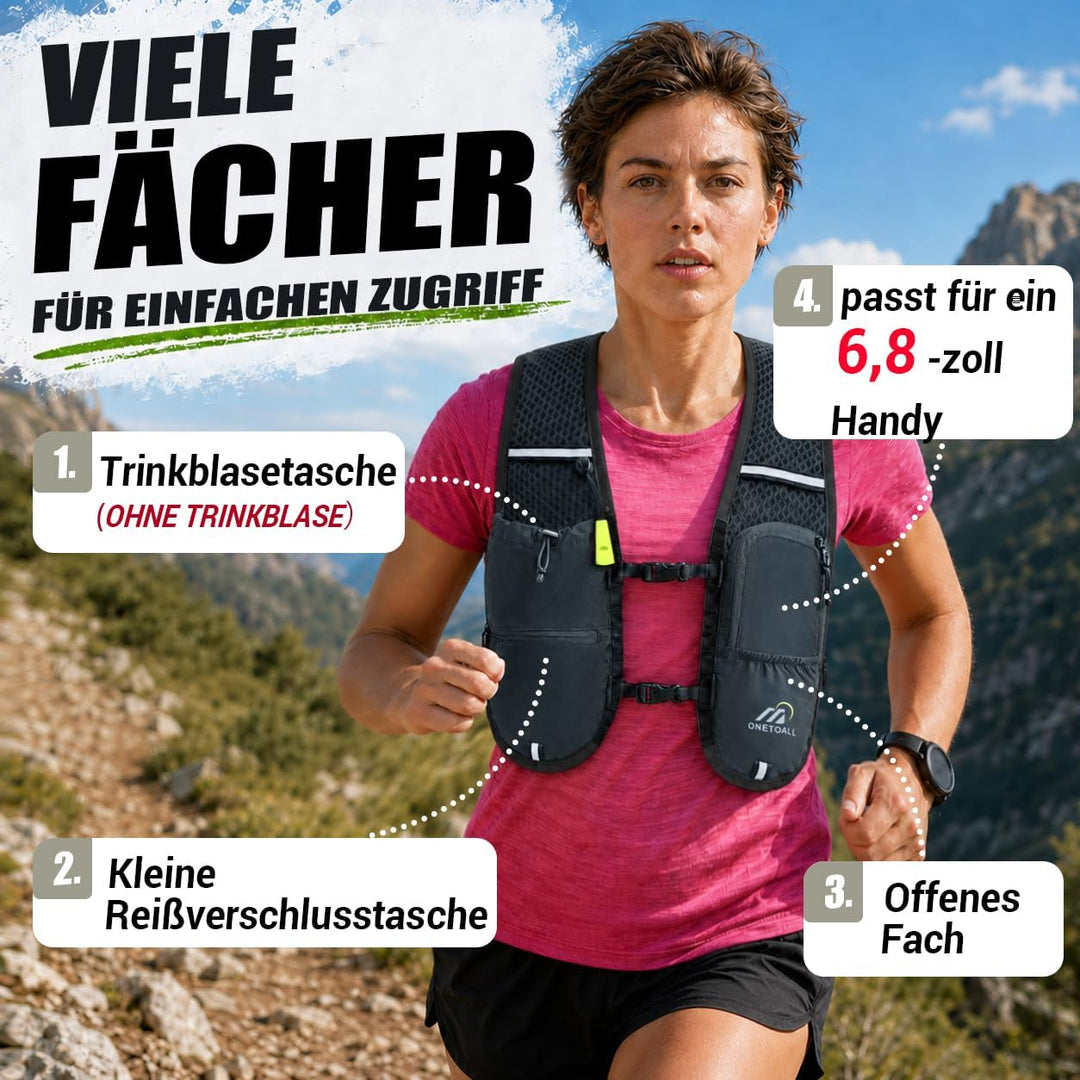 Laufweste Damen mit 500ml Trinkflasche/2L Trinkblase, Leichter Trinkrucksack Laufen Herren 6L, Runin