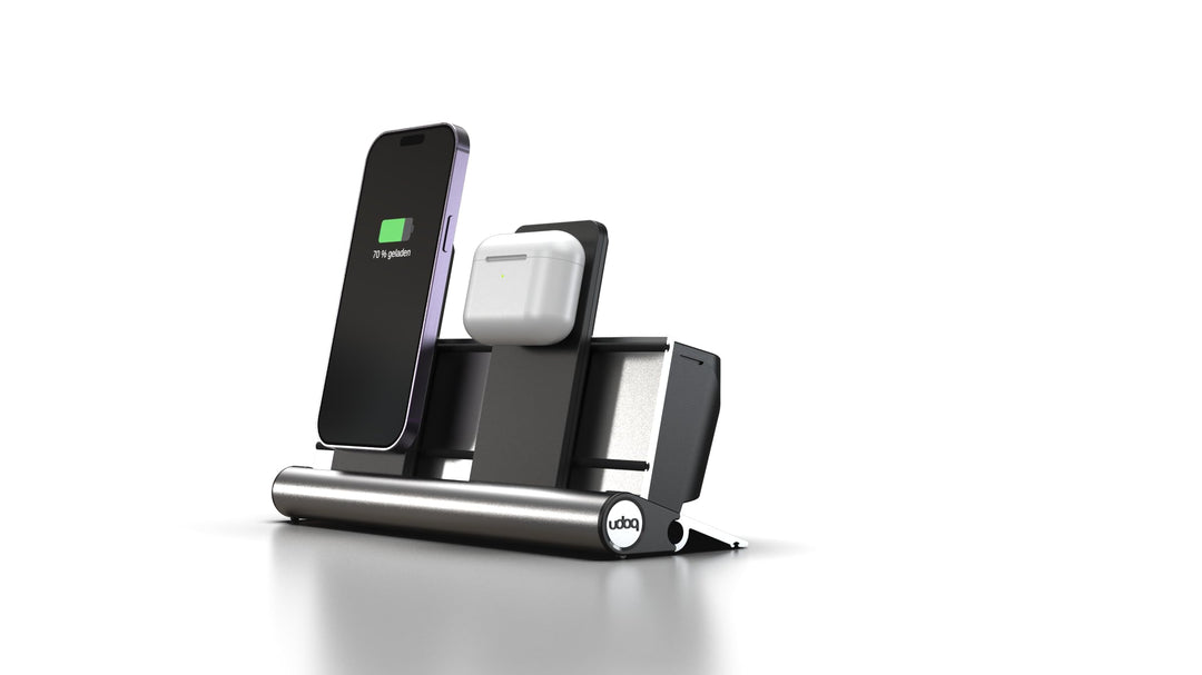 udoq 250 Ladestation für iPhone und AirPods, hochwertiges Design 4mm Aluminium, Lightning Kabel, Sil