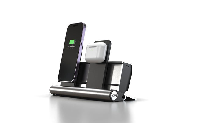 udoq 250 Ladestation für iPhone und AirPods, hochwertiges Design 4mm Aluminium, Lightning Kabel, Sil