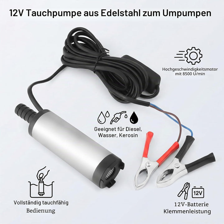 12V 3,8cm 12L /min Edelstahl Tauchpumpe Entladung Diesel Wasser Kerosin Tanken Werkzeug 8500r/m