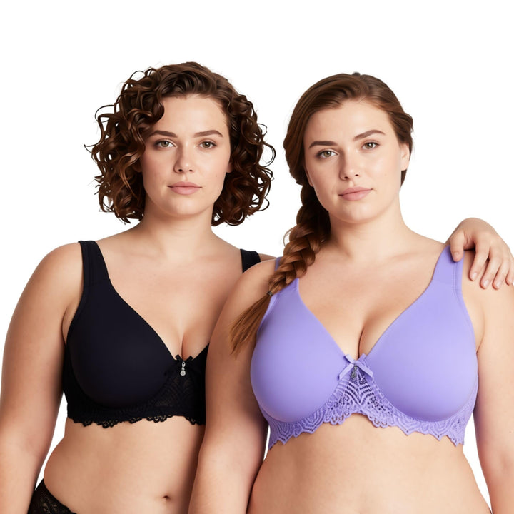 Curve Muse Damen Ungefüttert Bügel Spitze BH mit Gepolstert Schulter Gurte 75B Schwarz, Mauve(2er Pa