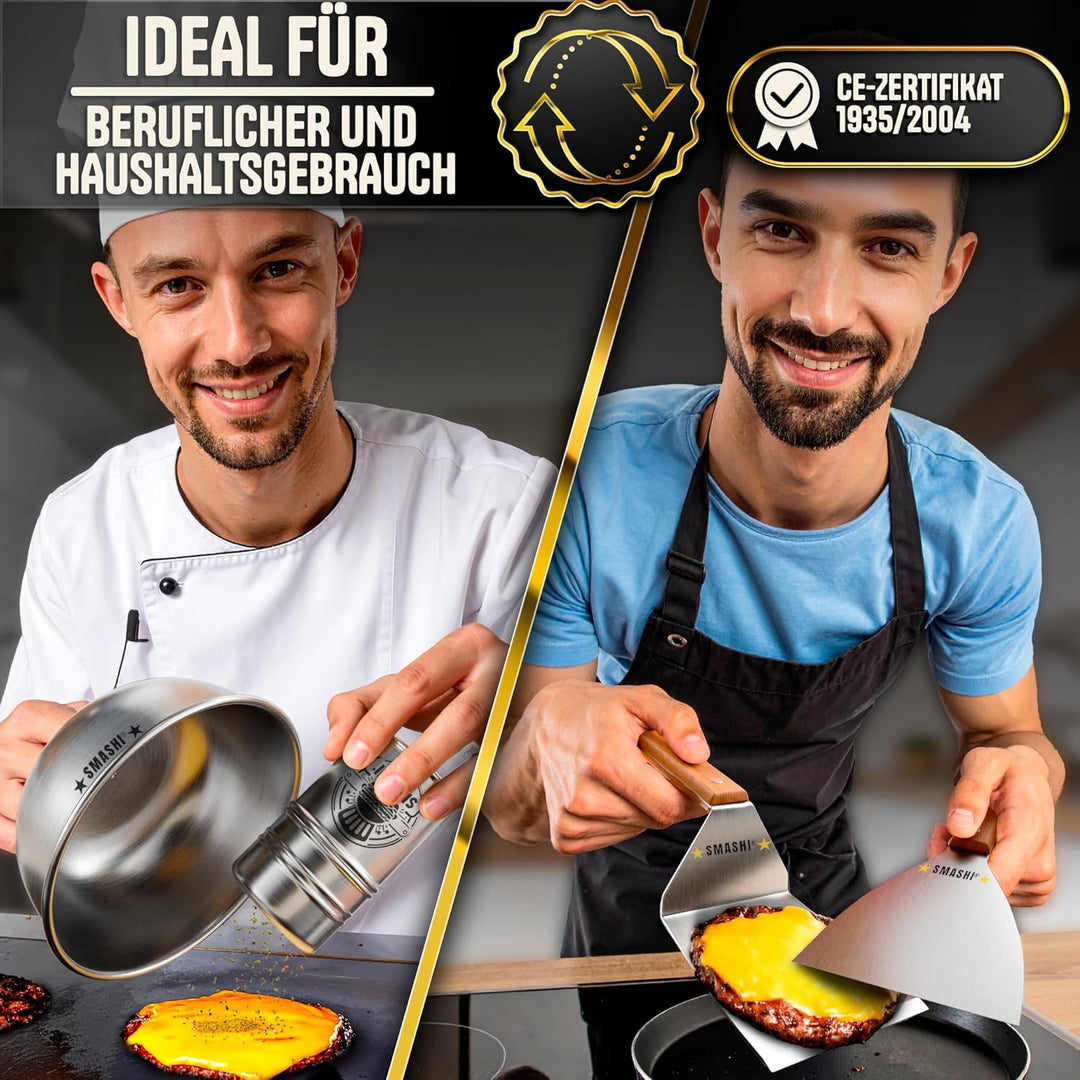 SMASHI® Smash Burger Set mit Holzgriffen – Grillzubehör aus Edelstahl 304 Burgerpresse, Spachteln &