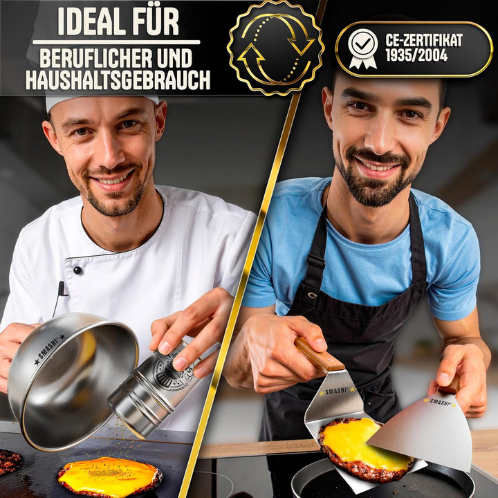 SMASHI® Smash Burger Set mit Holzgriffen – Grillzubehör aus Edelstahl 304 Burgerpresse, Spachteln &