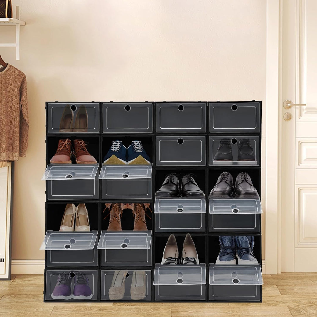 Schuhboxen, 24 Stück, stapelbar, mit transparentem Deckel, faltbar, für Damen/Herren (schwarz), Schw
