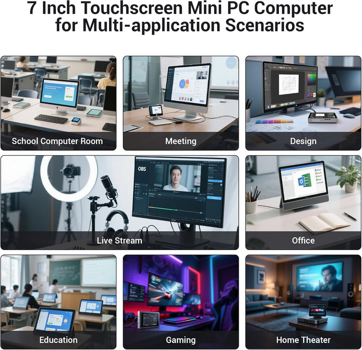 Mini PC Win 11 Pro, 12 Gen N100 (3,4 GHz), 7 Zoll Bildschirm 8GB RAM 128GB eMMC mit Akku, USB-C Mini