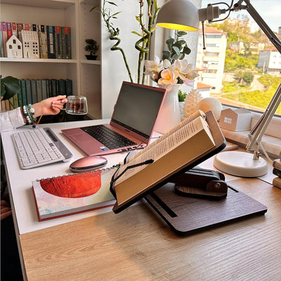 Vigo Wood Buchständer zum Lesen 360° verstellbar, Hölzerner Laptop-Ständer, Kochbuchhalter, Notenstä