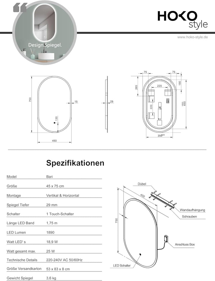 HOKO® LED Design Spiegel oval 45 x 75 cm. HOCH + QUER Montage möglich. Badspiegel LED beleuchtet, au