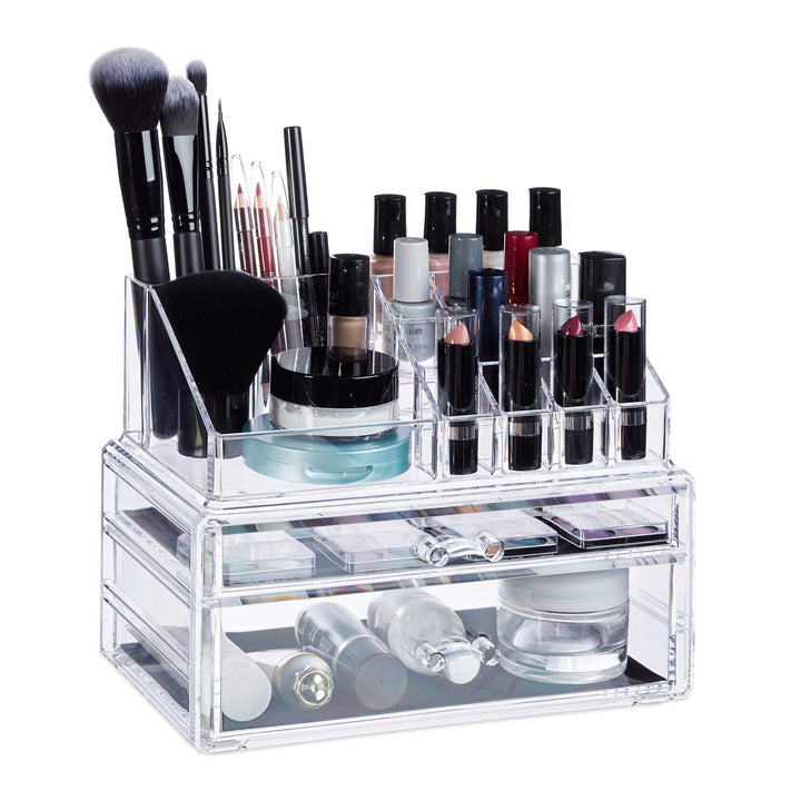 Relaxdays Make-Up Organizer mit 2 Schubladen, Kit für Lippenstift, Nagellack, Kosmetikregal Acryl, t