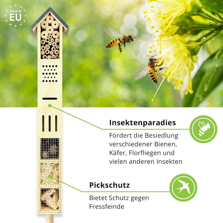 GARTENETAGE Freistehendes Insektenhotel aus Holz mit Erdspiess – Ideal für Wildbienen, Schmetterling