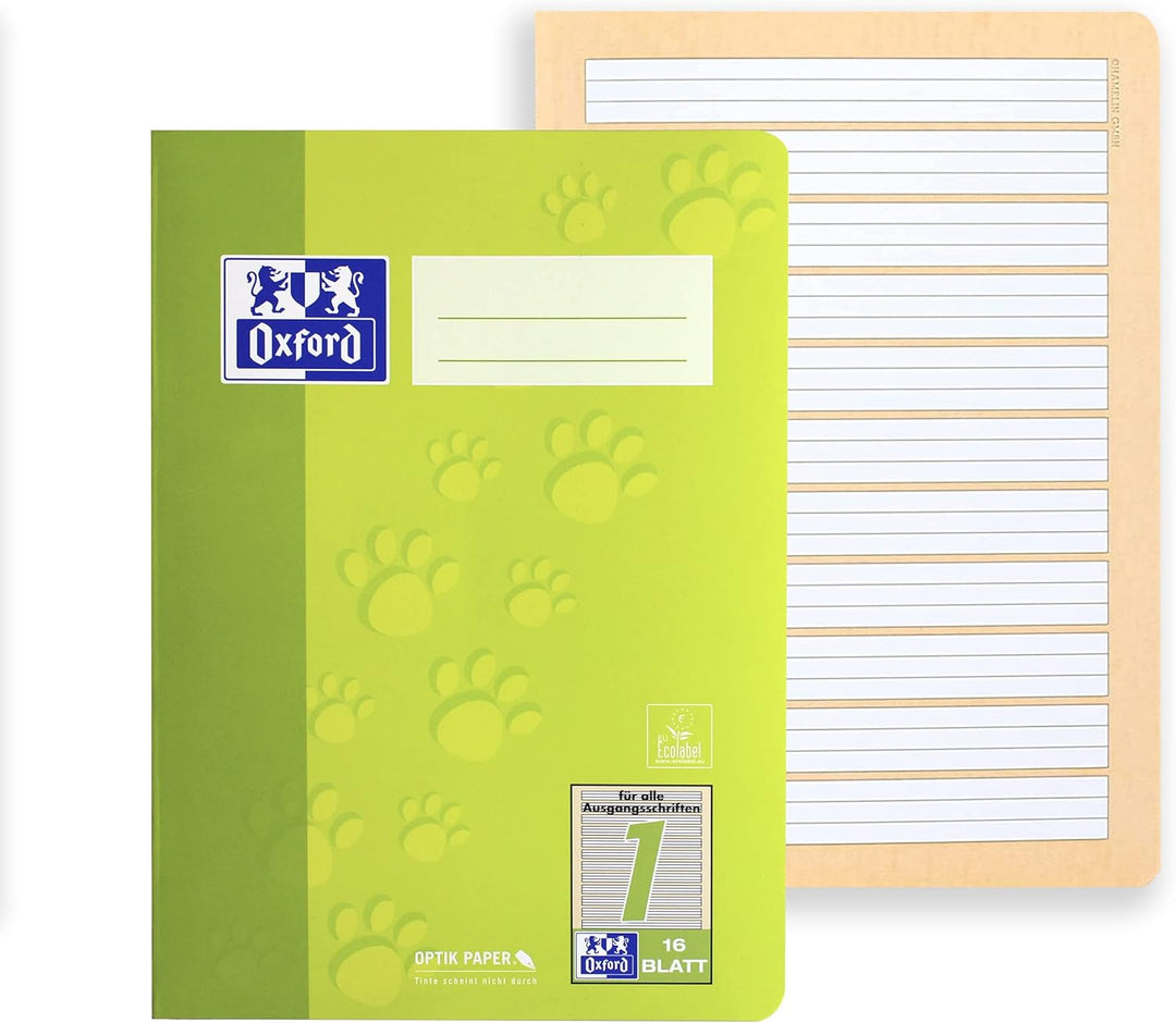 Oxford Schulheft A5, Lineatur 1, 16 Blatt, grün mit Tatzen, 15 Stück (Packung mit 2) 16 Blatt (Packu