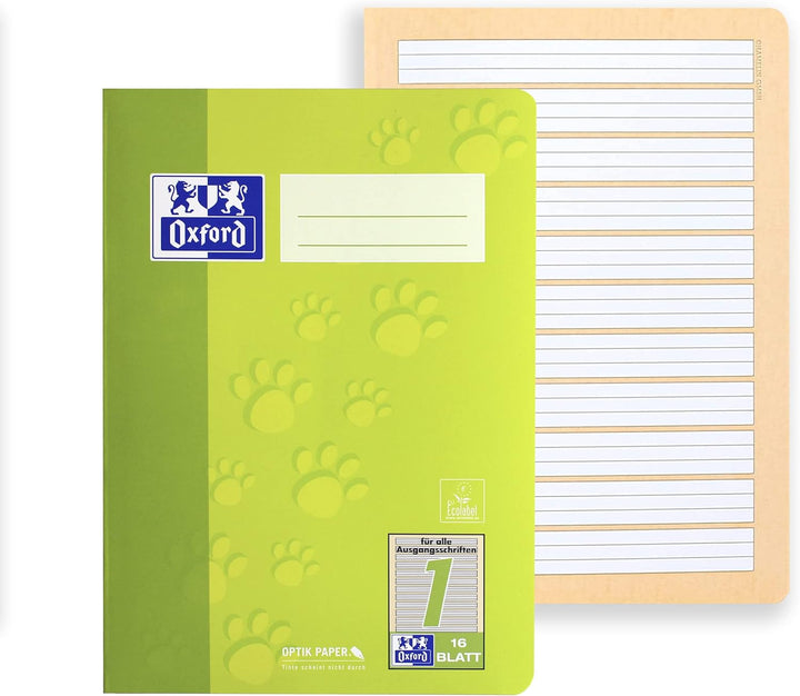 Oxford Schulheft A5, Lineatur 1, 16 Blatt, grün mit Tatzen, 15 Stück (Packung mit 2) 16 Blatt (Packu