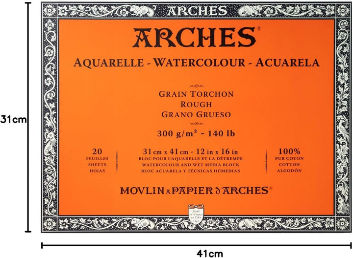 Arches 1795087 Aquarellpapier im Block (31 x 41 cm, 4-seitig geleimt, 300g/m² Grobkorn) 20 Blatt nat