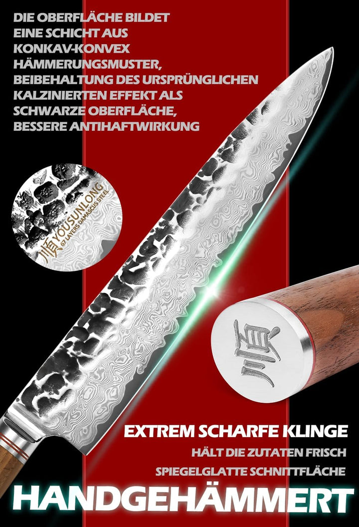 YOUSUNLONG Kochmesser 10 Zoll Pro Gyuto Japanischer Griff aus gehämmertem Damaststahl aus natürliche