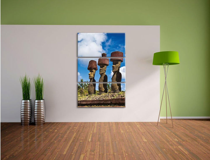 Pixxprint Moai Statuen auf den Osterinseln als Leinwandbild/Grösse: 3 Teilig (120x80) cm/Wandbild/Ku