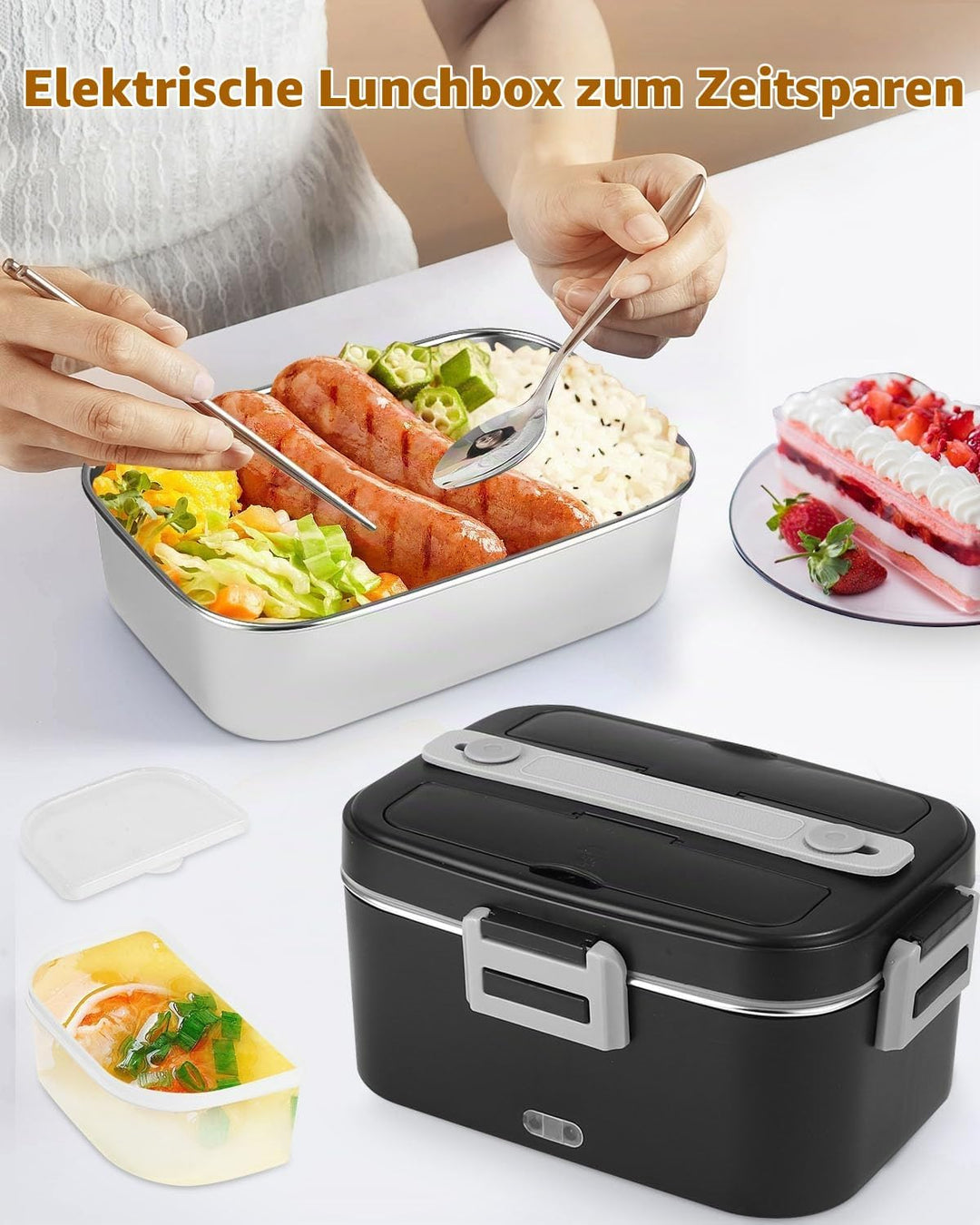 Elektrische Lunchbox, 3-in-1 12/24/220V Thermo Lunch box, 1.8 L Grossbehälter Lunchbox Erwachsene, H
