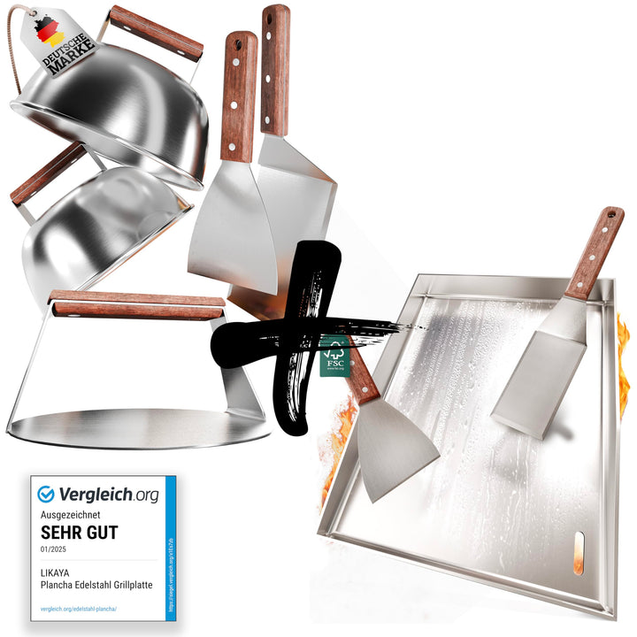 [BUNDLE] Plancha Edelstahl Grillplatte [30x40cm] + Burger Master Set – 4x Grillspachtel, 2x Burgergl