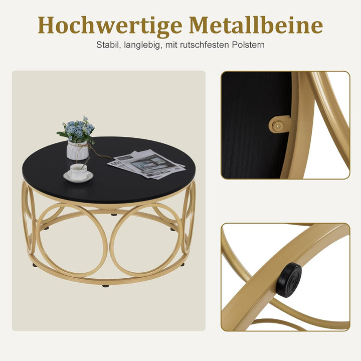 M MCombo Couchtisch Rund Holz, Modern Sofatisch Schwarz-Gold, Klein Kaffeetisch Metallgestell, Beist