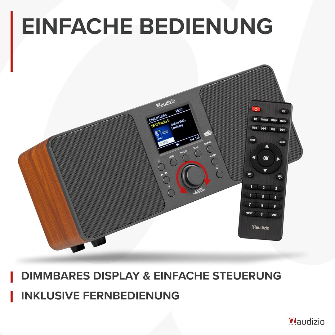Audizio Genua DAB Radio mit Bluetooth – Stereo DAB Plus Radio mit Fernbedienung, 60 Speicherplätze,