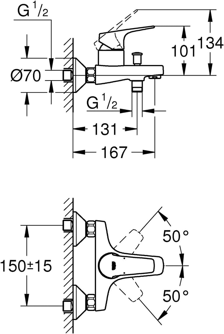 Grohe 23756000 BauFlow Wannenbatterie, Wandmontage mit Umstellung Chrom Wannenbatterie Single, Chrom