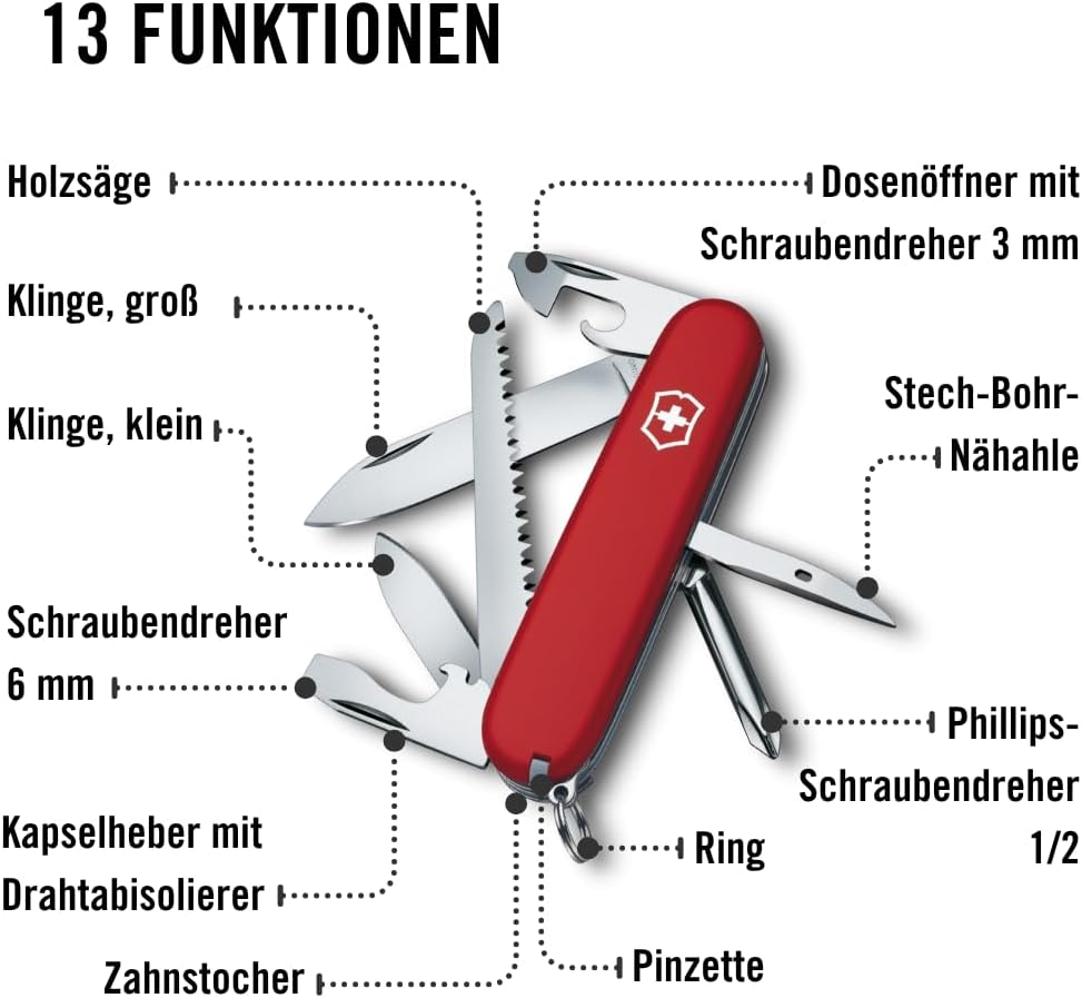 Victorinox Schweizer Taschenmesser Hiker, Swiss Army Knife, Multitool, 13 Funktionen, Klinge, Dosenö