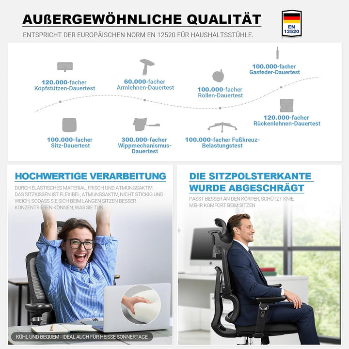 MELOKEA Bürostuhl Ergonomisch 200KG | 7D-Armlehnen | 6P Verstellbare Rückenlehne | Leises Gummirolle