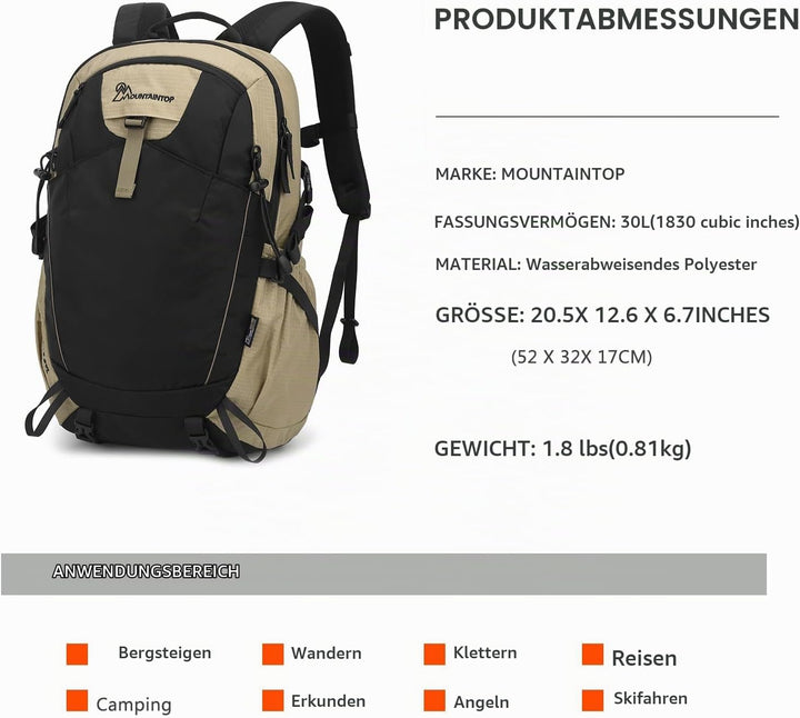 Mountaintop 30L/40L Wanderrucksack Herren Damen Daypack für Alltag und Outdoor, Tageswanderungen und