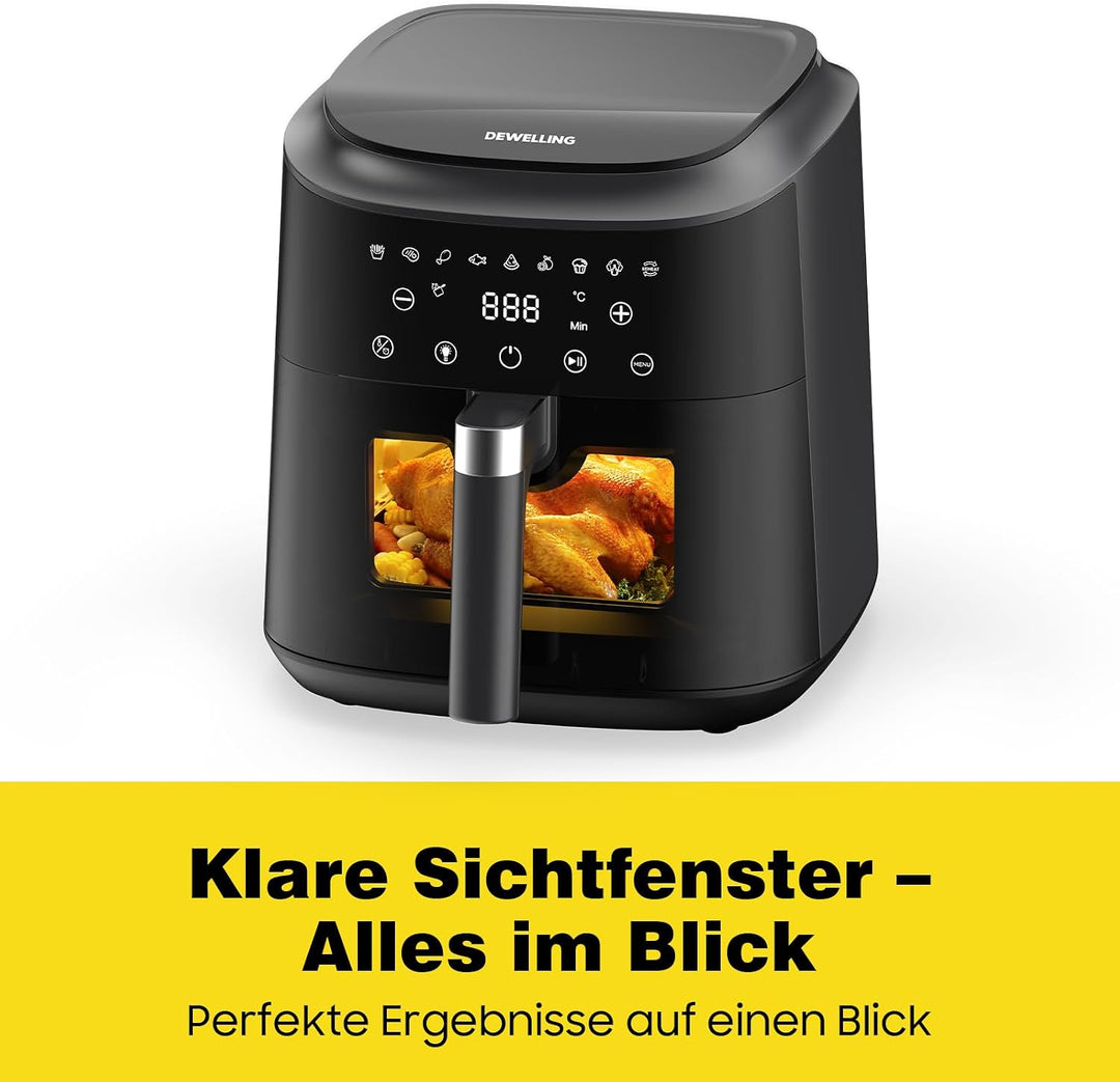 Airfryer XL 6L, Heissluftfritteuse mit Sichtfenster, Heissluftfriteuse mit Touch Screen, 9 Programme