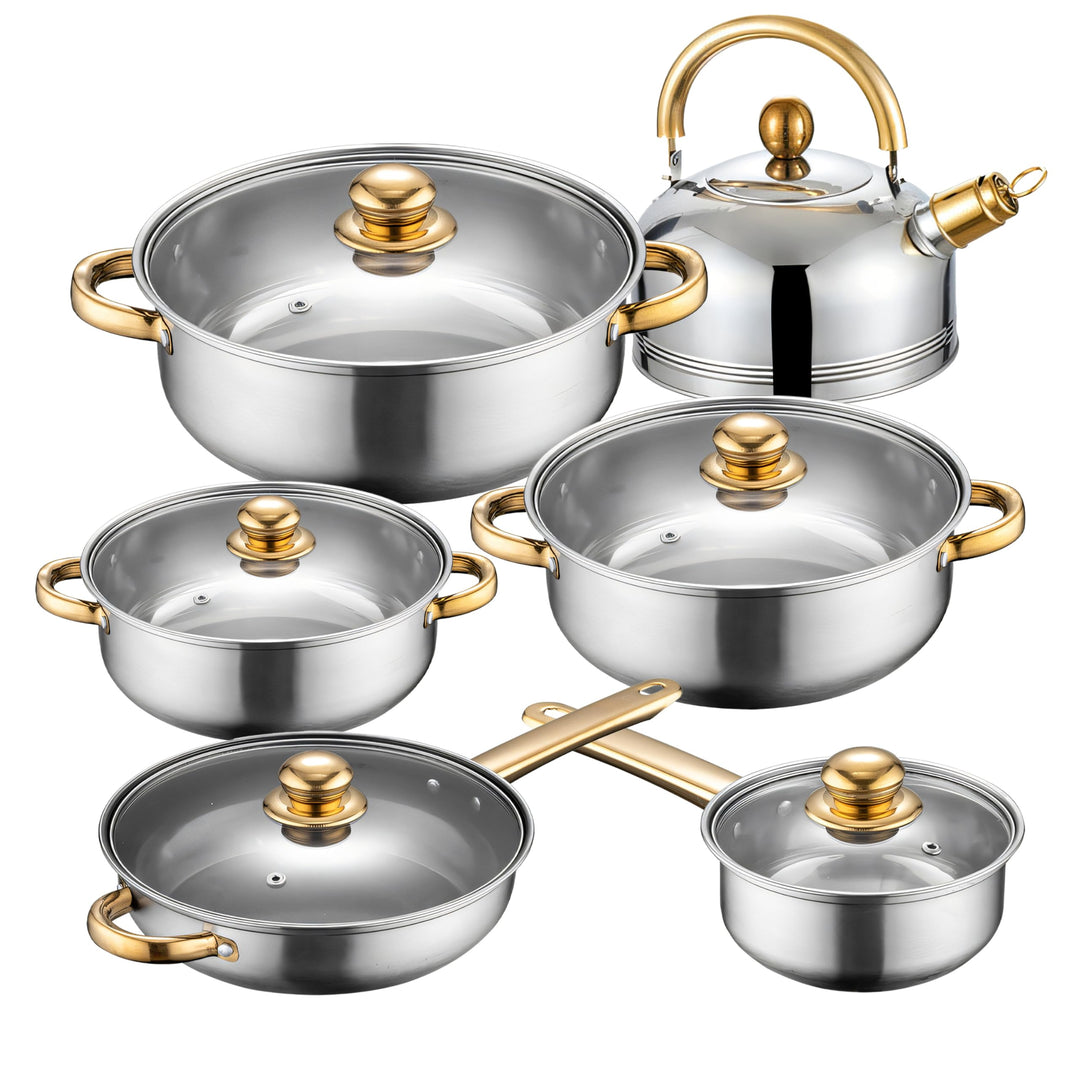 Retoo Topfset 12-teilig Edelstahl Kochtopfset mit Glasdeckel und goldenen Griffen, Grosses Cooking P