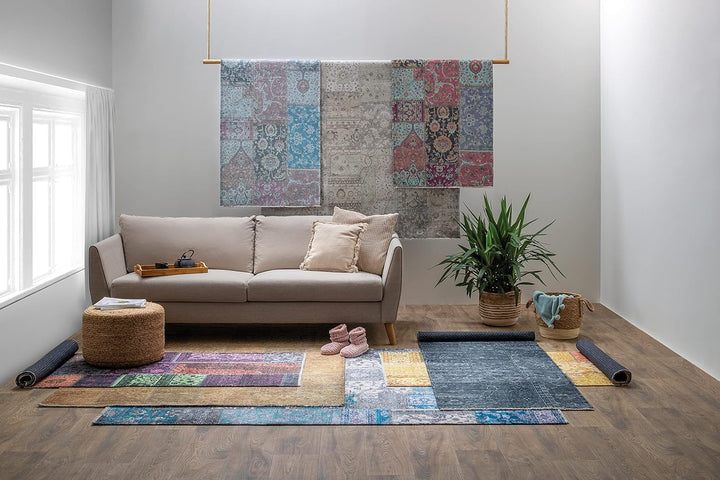 TESSO LIVING Kelim Patchwork Teppich Wohnzimmer Blau 80 X 145 cm, Moderner Kurzflor Teppich, Super S