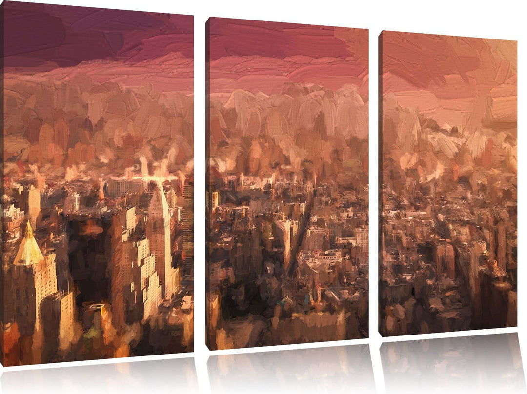 Pixxprint New York City bei Sonnenuntergang / 3-Teilig/Gesamtmass 120cm Leinwandbild bespannt auf Ho