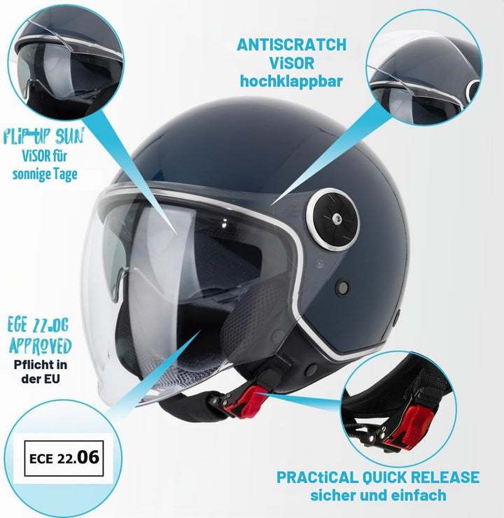 VINZ Tobia Jethelm mit Doppelvisier | Roller Helm Fashionhelm | In Gr. XS-XXL | Jet Helm mit Sonnenb