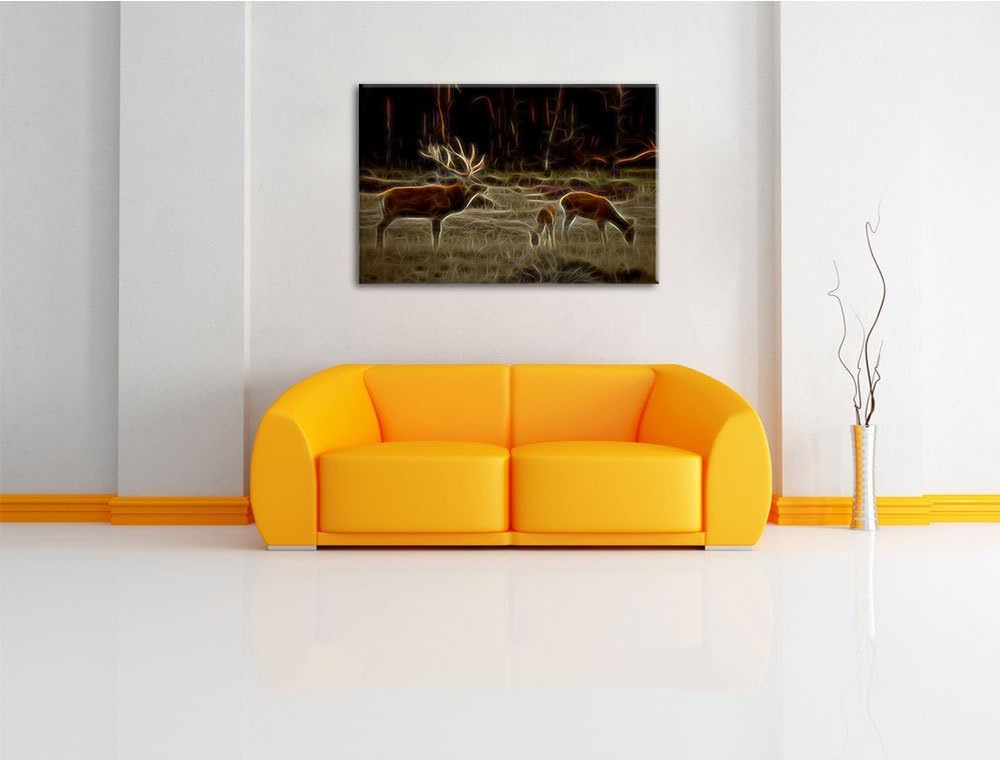 Dark Hirschfamilie auf herbstlicher Waldlichtung NewArt Format: 100x70 cm auf Leinwand, XXL riesige