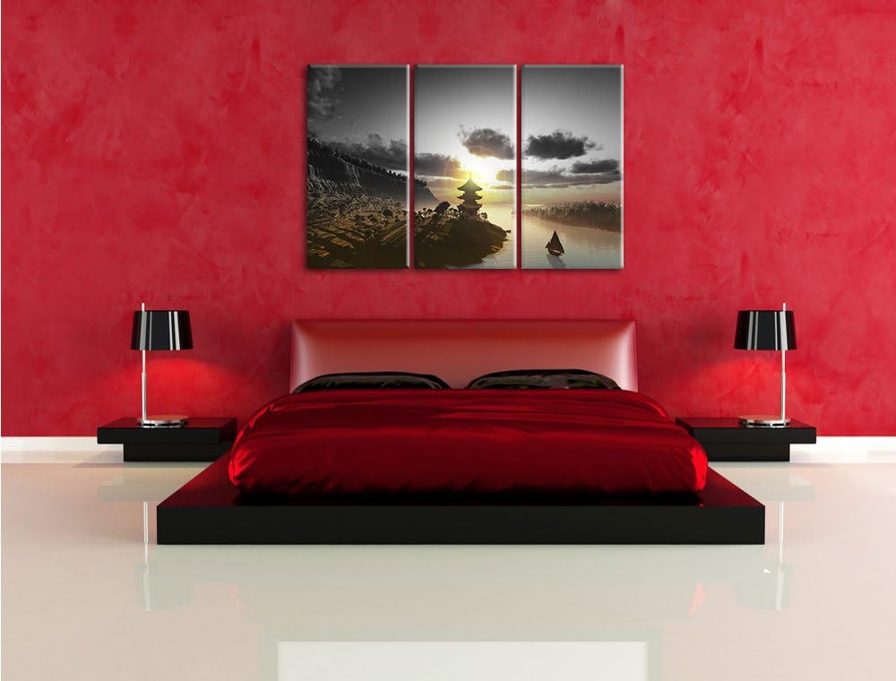 Pixxprint Chinesisches Haus am See / 3-Teilig/Gesamtmass 120cm Leinwandbild bespannt auf Holzrahmen/