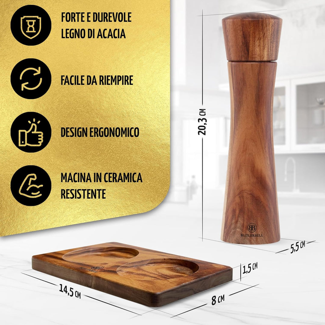 BUTLERBELL® Salz und Pfeffermühle Holz inkl. Untersetzer in Luxus Geschenkbox ideal als Hochzeitsges