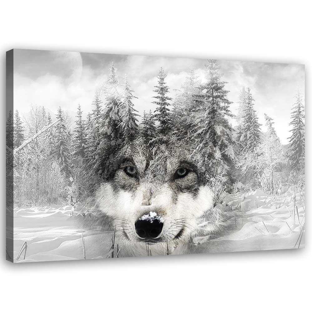 Feeby Leinwandbild XXL Wolf Wandbild Kunst Winter Weiss 120x80 cm Leinwandbild 120x80 cm Weiss_b, Le