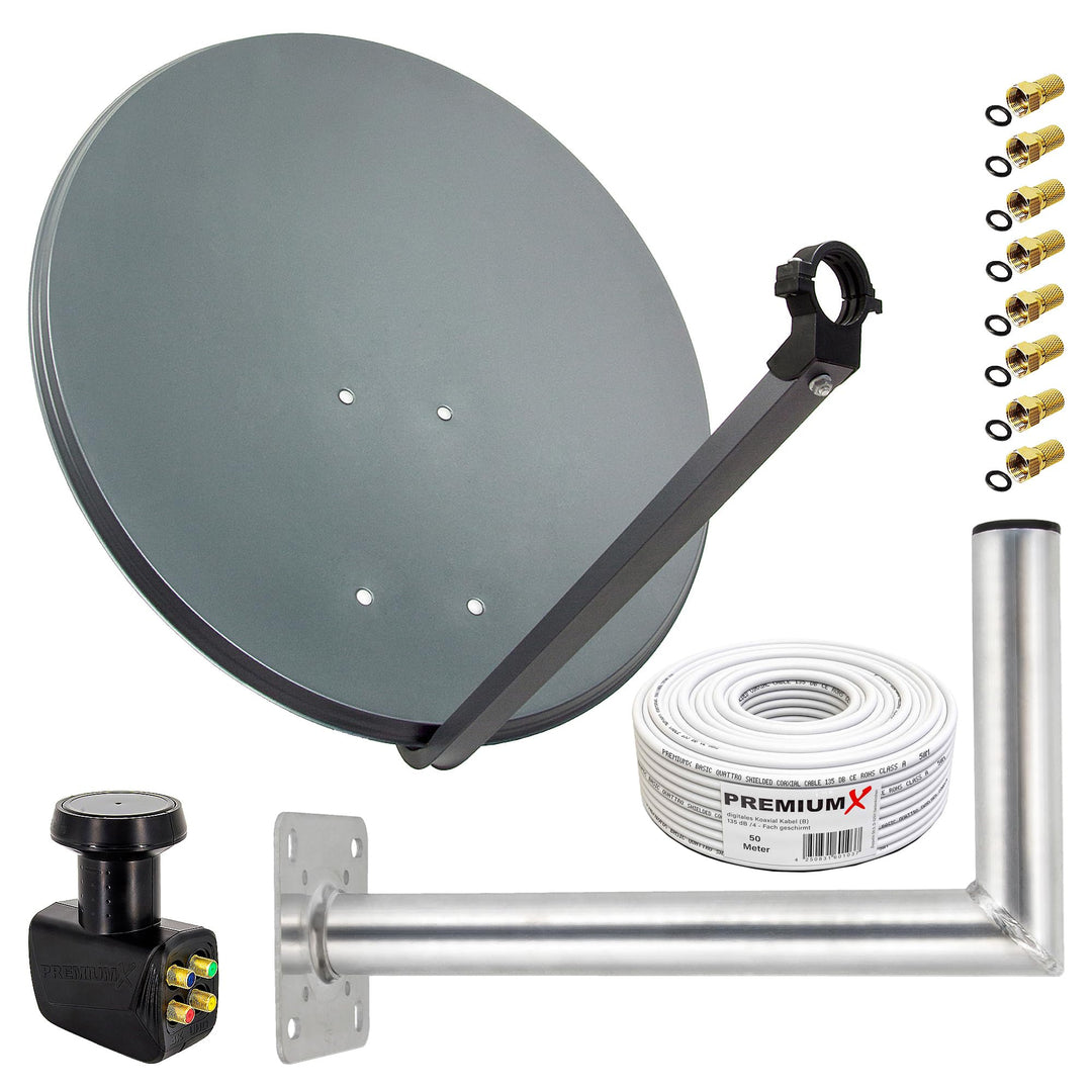 Premium X Satelliten-Komplettanlage 80cm Antenne Anthrazit Quad LNB 50m Kabel 8X F-Stecker Wandhalte