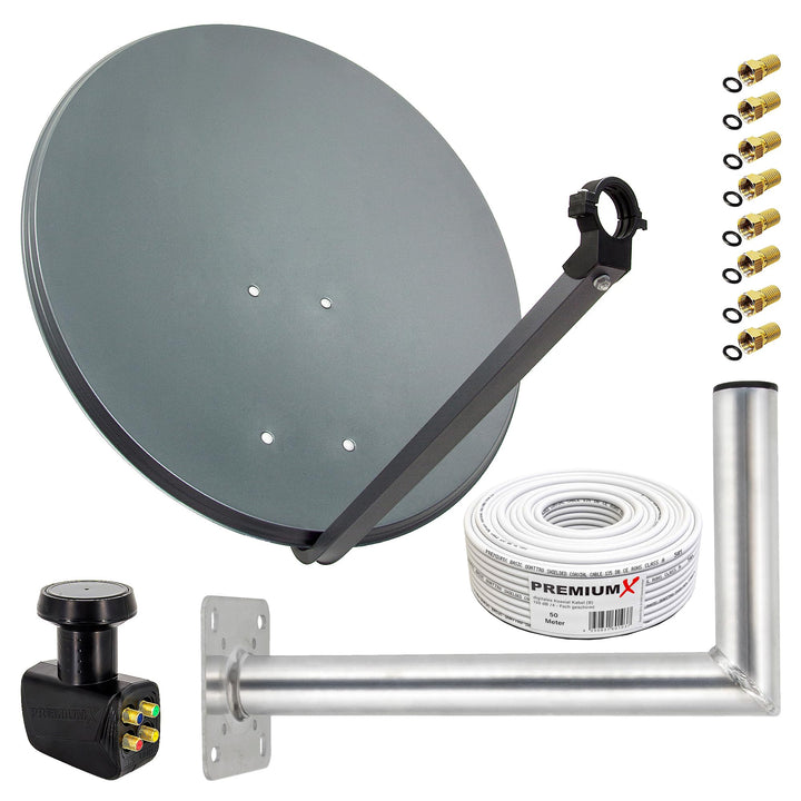 Premium X Satelliten-Komplettanlage 80cm Antenne Anthrazit Quad LNB 50m Kabel 8X F-Stecker Wandhalte