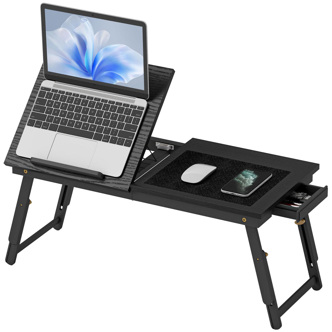 HOMCOM Klappbarer und verstellbarer Betttisch, Laptop-Tisch mit neigbarer Tischplatte, Schublade, Ba