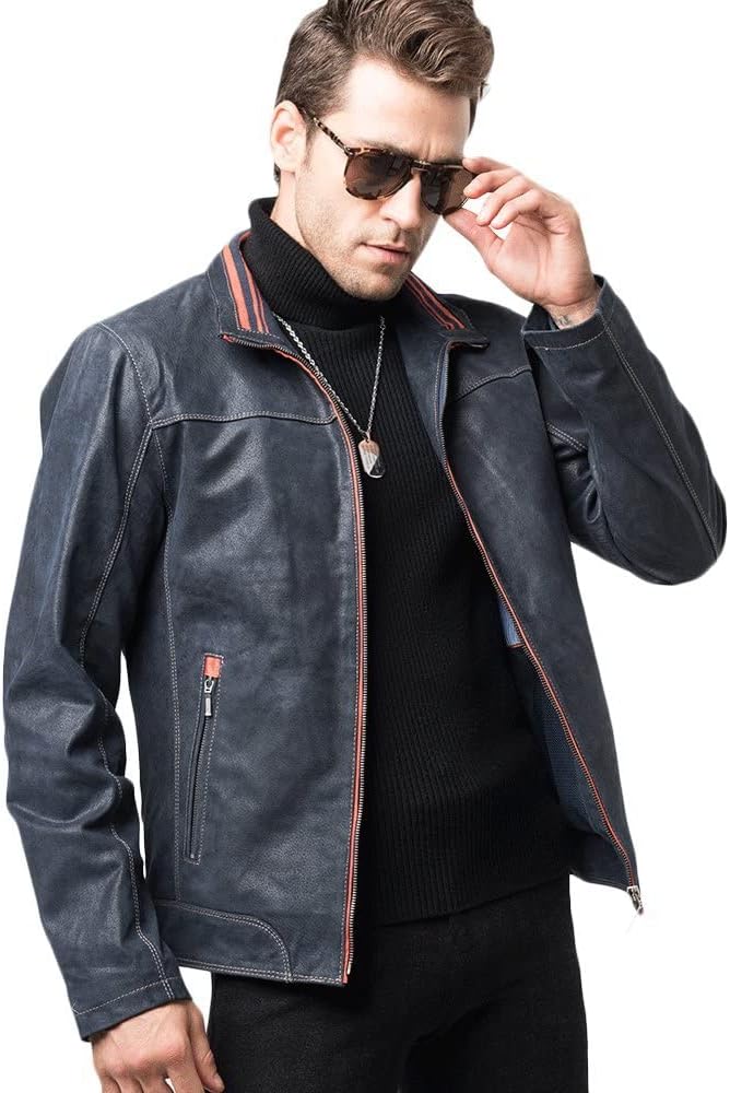 FLAVOR Echtes Leder Herren Lederjacke Stehkragen Blau Lässig M Schwarz, M Schwarz