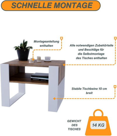 CraftPAK Wohnzimmer Tisch für Couch aus hochwertigem Holz, Stabiler & moderner Couchtisch mit zusätz