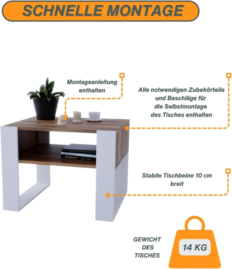 CraftPAK Wohnzimmer Tisch für Couch aus hochwertigem Holz, Stabiler & moderner Couchtisch mit zusätz