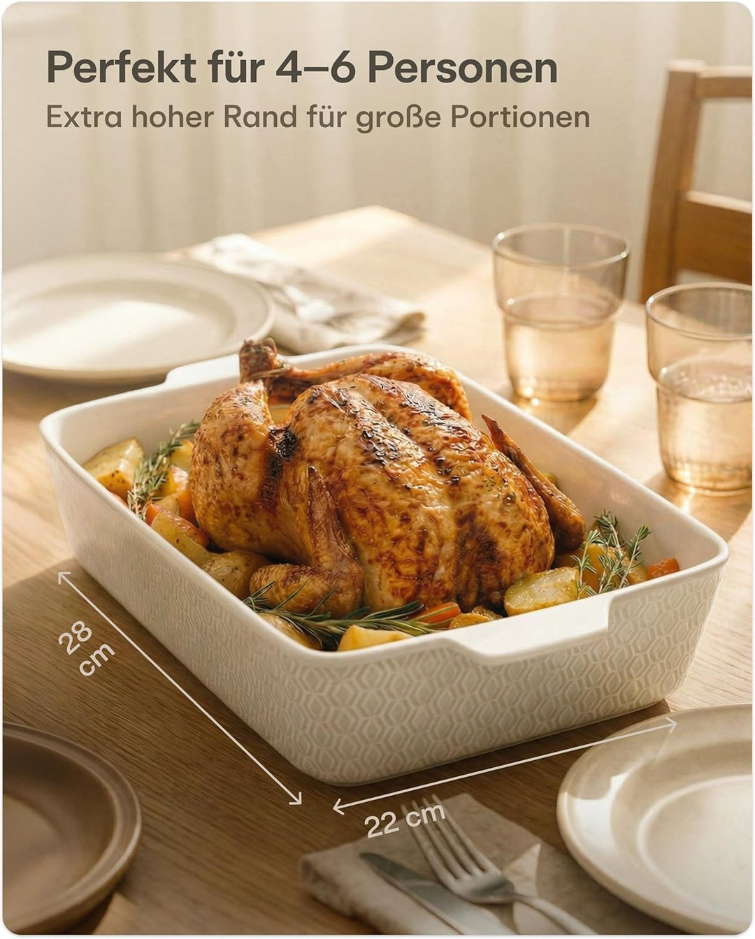 Auflaufform Gross aus Keramik - Für Lasagne, Tiramisu & Auflauf - Extra Hoher Rand - Eckig - Weiss,