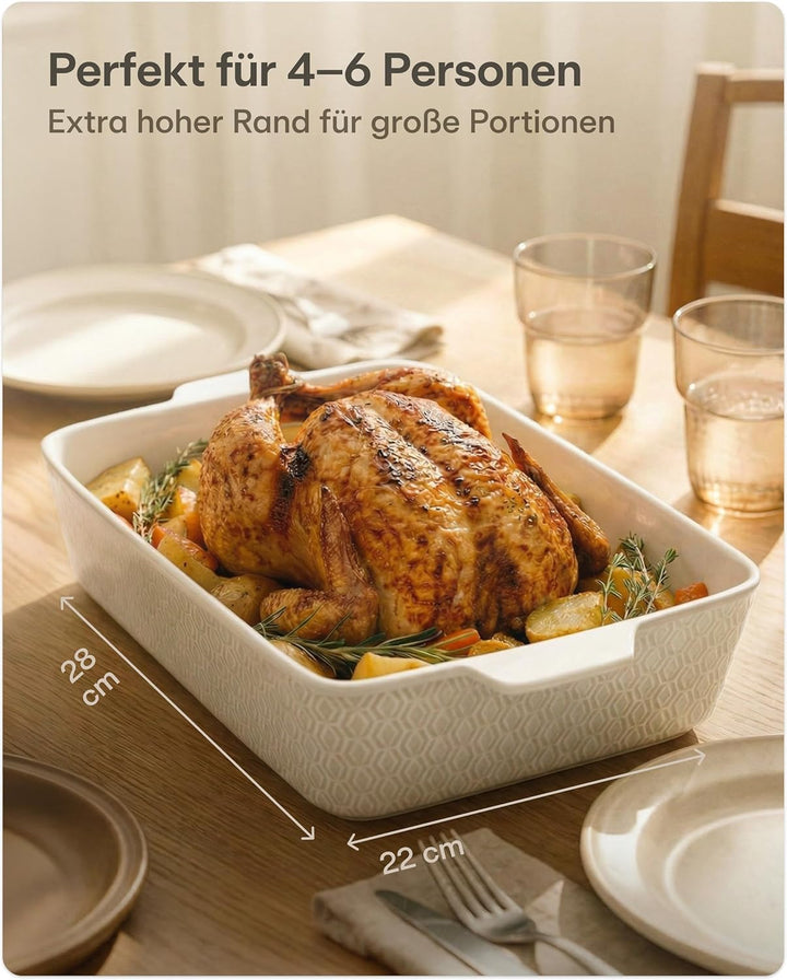 Auflaufform Gross aus Keramik - Für Lasagne, Tiramisu & Auflauf - Extra Hoher Rand - Eckig - Weiss,