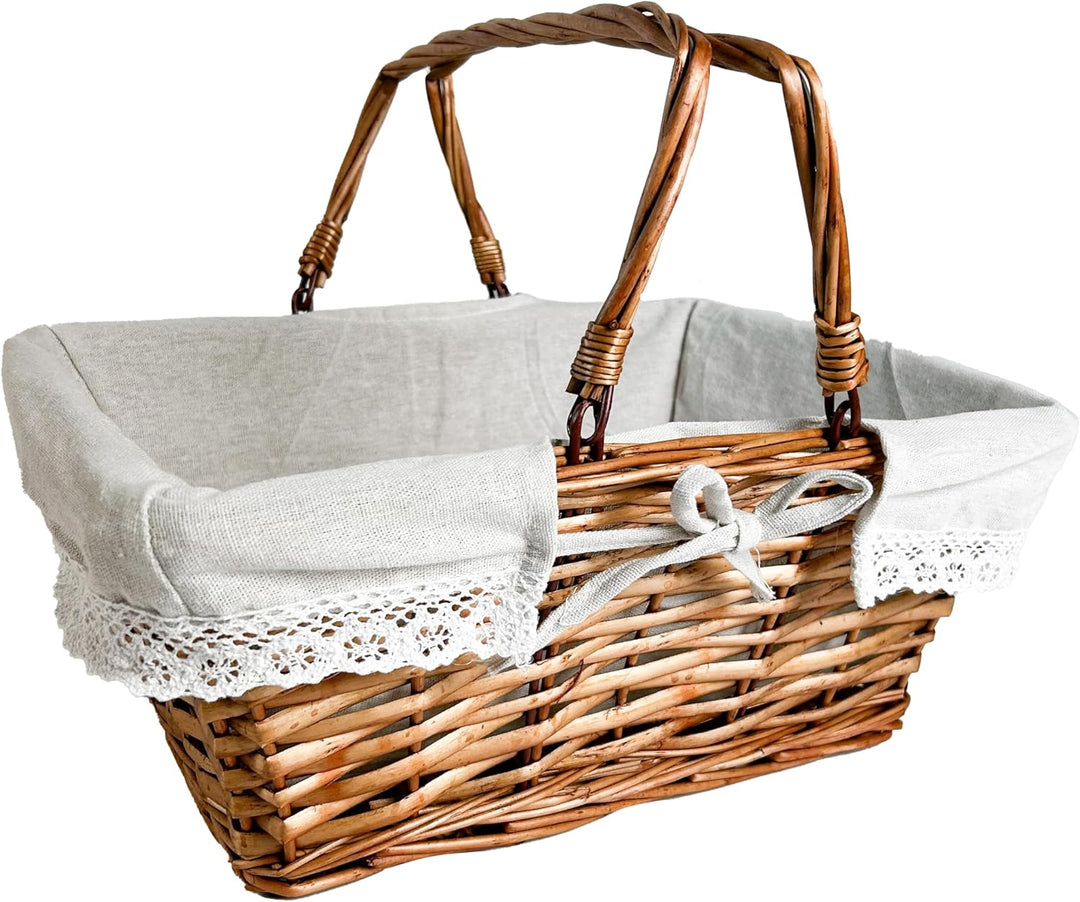 Kobolo Klappbügelkorb Weidenkorb mit Klapphenkeln eckig Textilfutter mit Häkelborte - braun - 40x30x