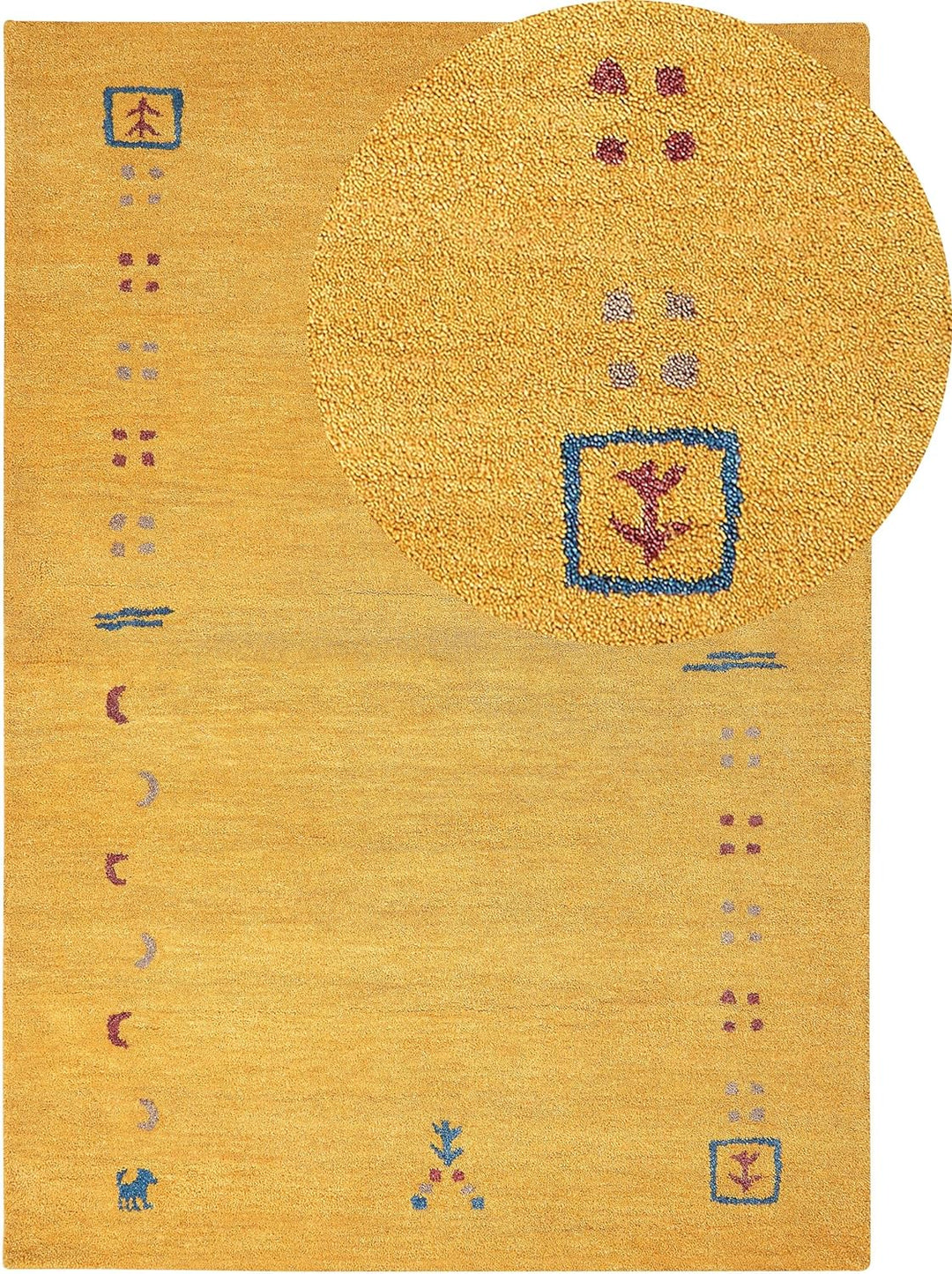 Gabbeh Teppich gelb aus Wolle 160x230 cm Hochflor mit Muster weich handgetuftet Akalan