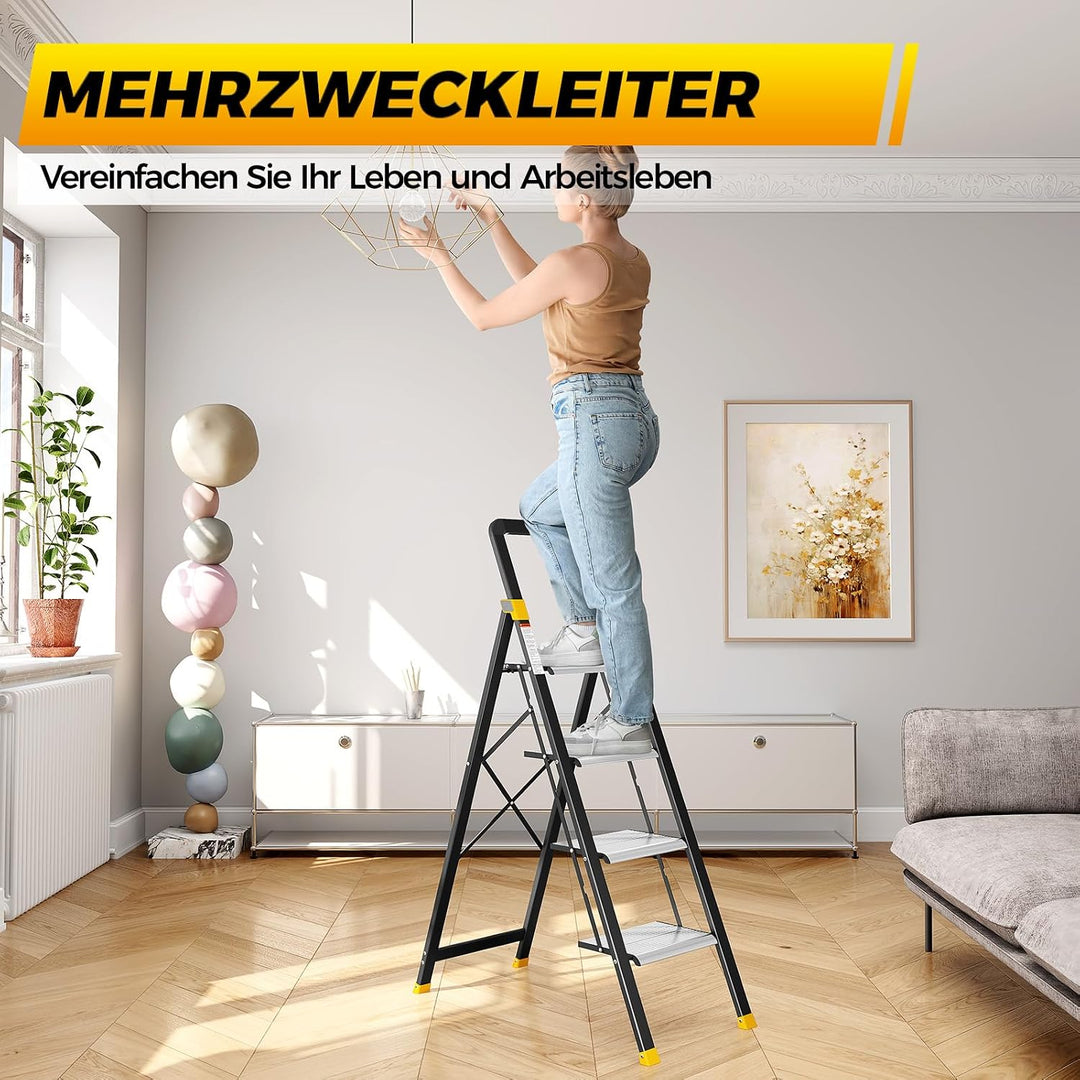 KINGRACK Trittleiter 4 Stufen Klappbar Aluminium, Klappleiter mit Handlauf, Haushaltsleiter Anti-Rut